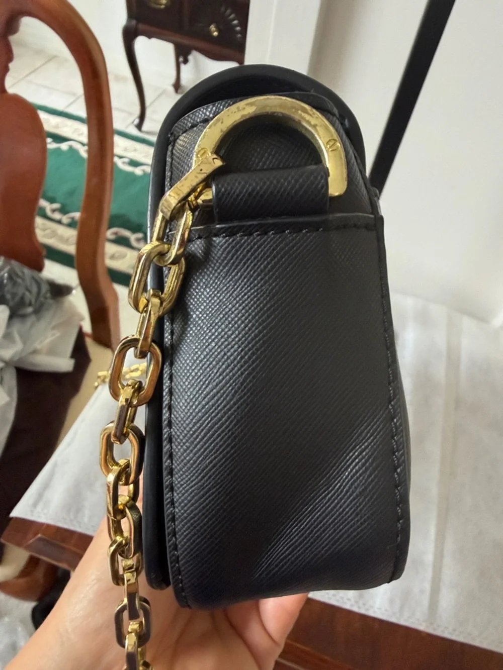Tory Burch Black Leather Crossbody with Gold Chain Strap